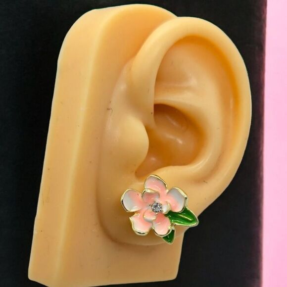 Pink Camellia Floral Earrings Tea Flower Enamel Gold-tone Pierced Ear Jewelry - Picture 2 of 9